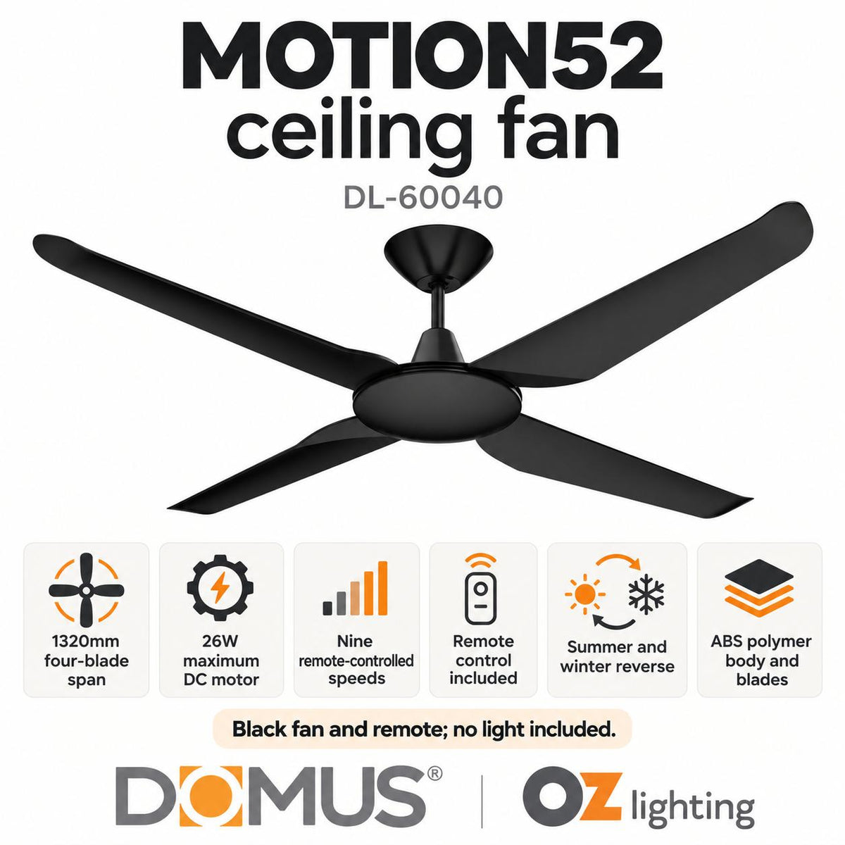 Domus MOTION-52 Ceiling Fan - 1320mm, 52", DC-Domus Lighting-Ozlighting.com.au