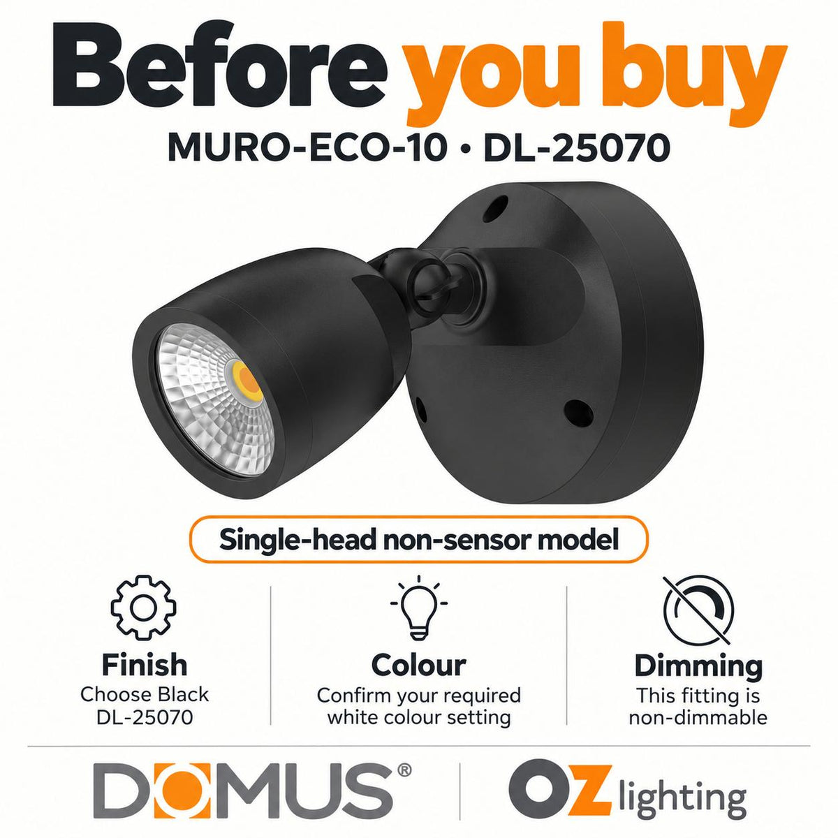 Domus MURO-ECO-10 LED Spotlight - 10W, Tri-Colour, IP65, Single, Coastal-Domus Lighting-Ozlighting.com.au