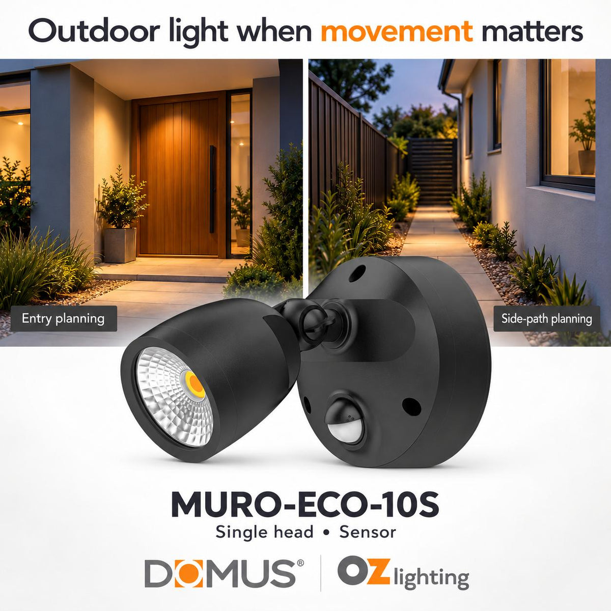 Domus MURO-ECO-10S LED Spotlight - 10W, Tri-Colour, IP65, Single, Coastal, Sensor-Domus Lighting-Ozlighting.com.au