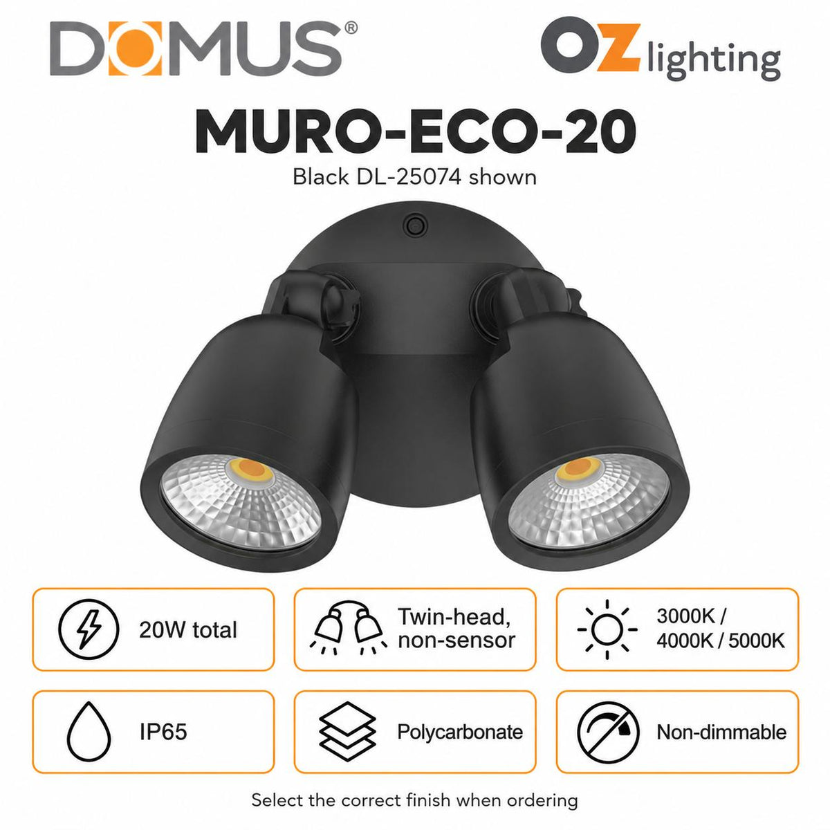 Domus MURO-ECO-20 LED Spotlight - 20W, Tri-Colour, IP65, Twin Head, Coastal-Domus Lighting-Ozlighting.com.au