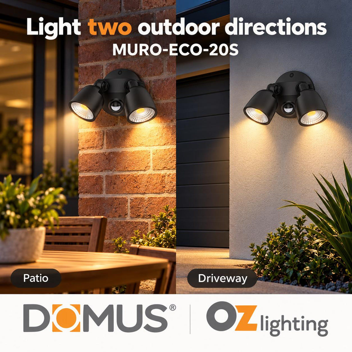 Domus MURO-ECO-20S LED Spotlight - 20W, Tri-Colour, IP65, Twin Head, Coastal, Sensor-Domus Lighting-Ozlighting.com.au