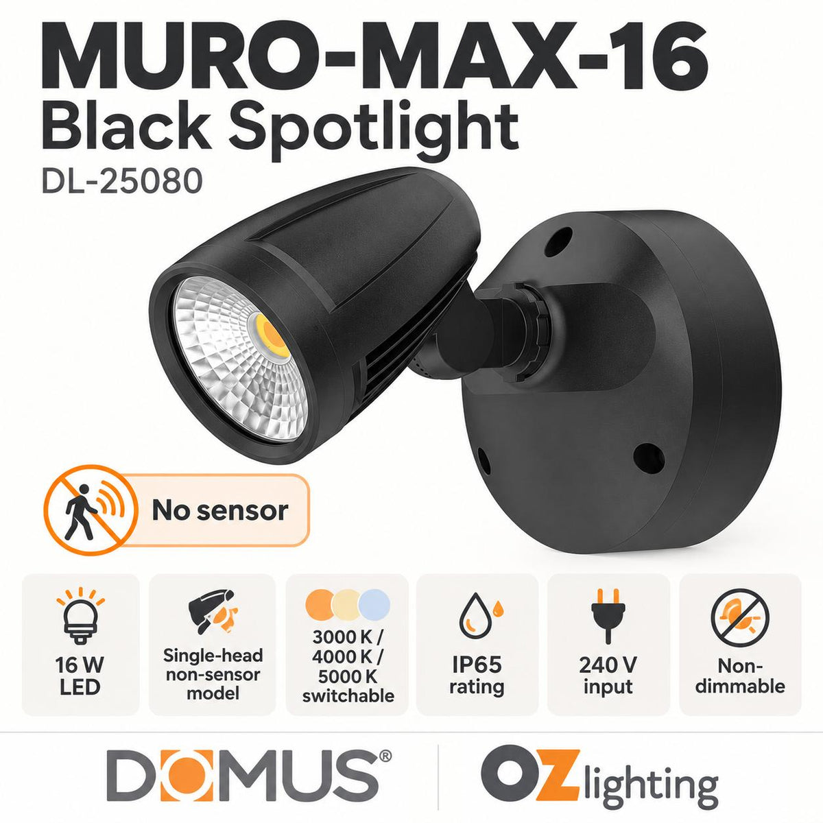 Domus MURO-MAX-16 LED Spotlight - 16W, Tri-Colour, IP65, Single-Domus Lighting-Ozlighting.com.au