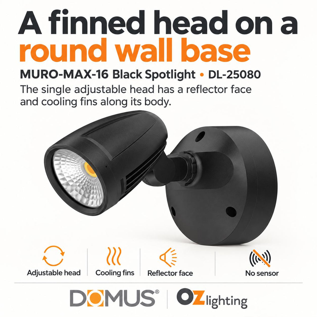 Domus MURO-MAX-16 LED Spotlight - 16W, Tri-Colour, IP65, Single-Domus Lighting-Ozlighting.com.au