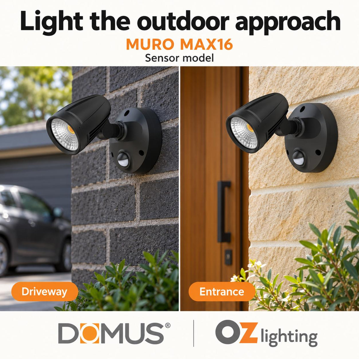 Domus MURO-MAX-16S LED Spotlight - 16W, Tri-Colour, IP65, Single, Sensor-Domus Lighting-Ozlighting.com.au