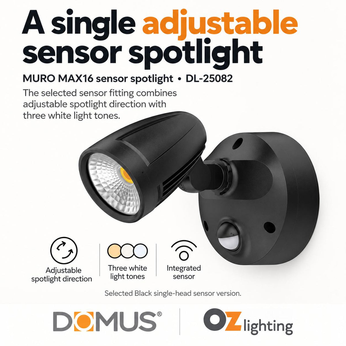 Domus MURO-MAX-16S LED Spotlight - 16W, Tri-Colour, IP65, Single, Sensor-Domus Lighting-Ozlighting.com.au