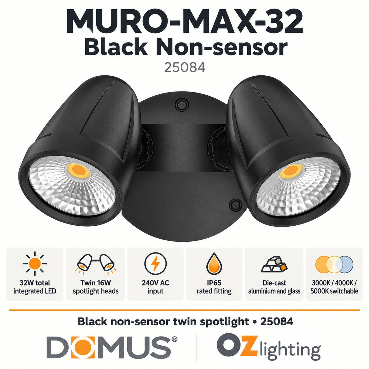 Domus MURO-MAX-32 LED Spotlight - 32W, Tri-Colour, IP65, Twin Head-Domus Lighting-Ozlighting.com.au