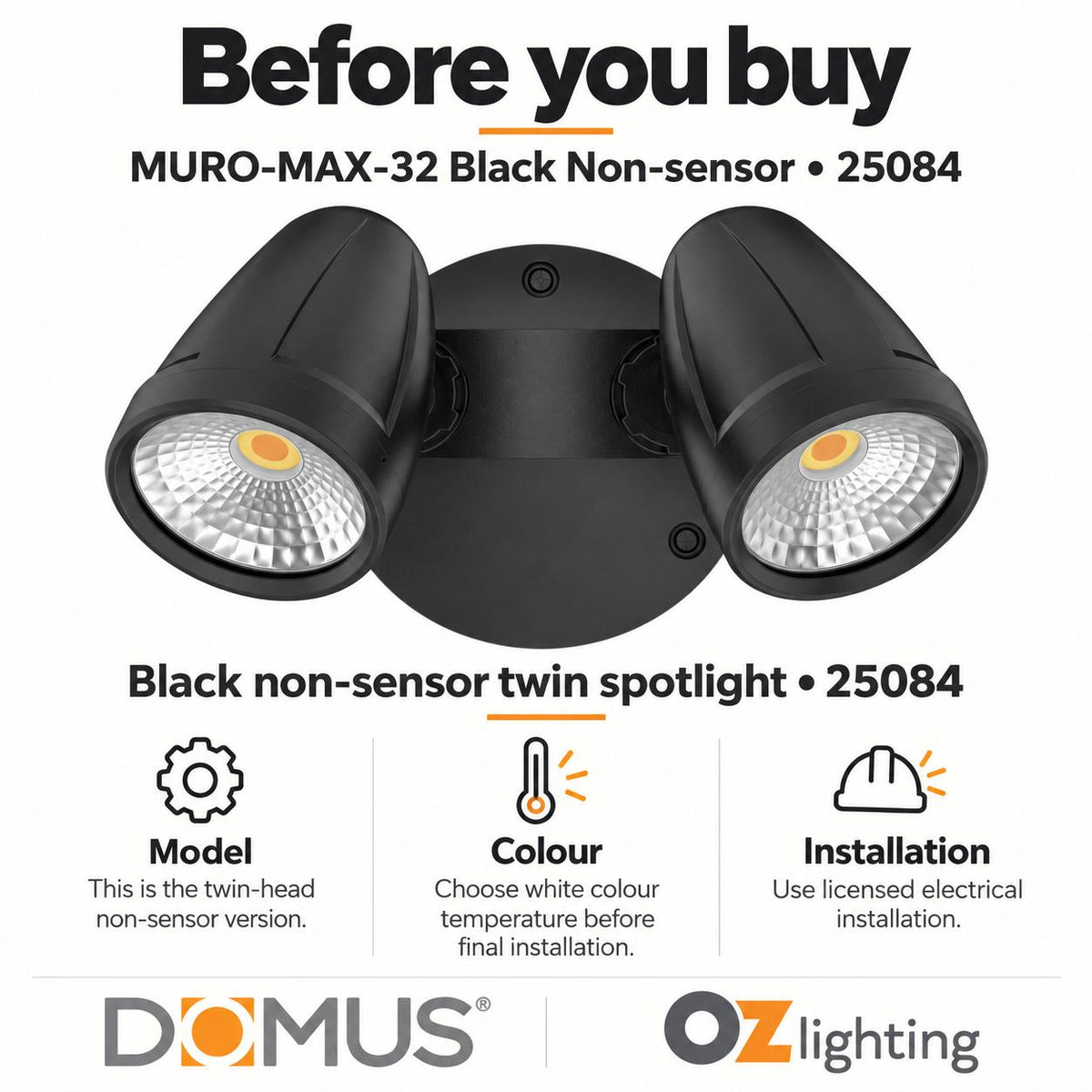 Domus MURO-MAX-32 LED Spotlight - 32W, Tri-Colour, IP65, Twin Head-Domus Lighting-Ozlighting.com.au