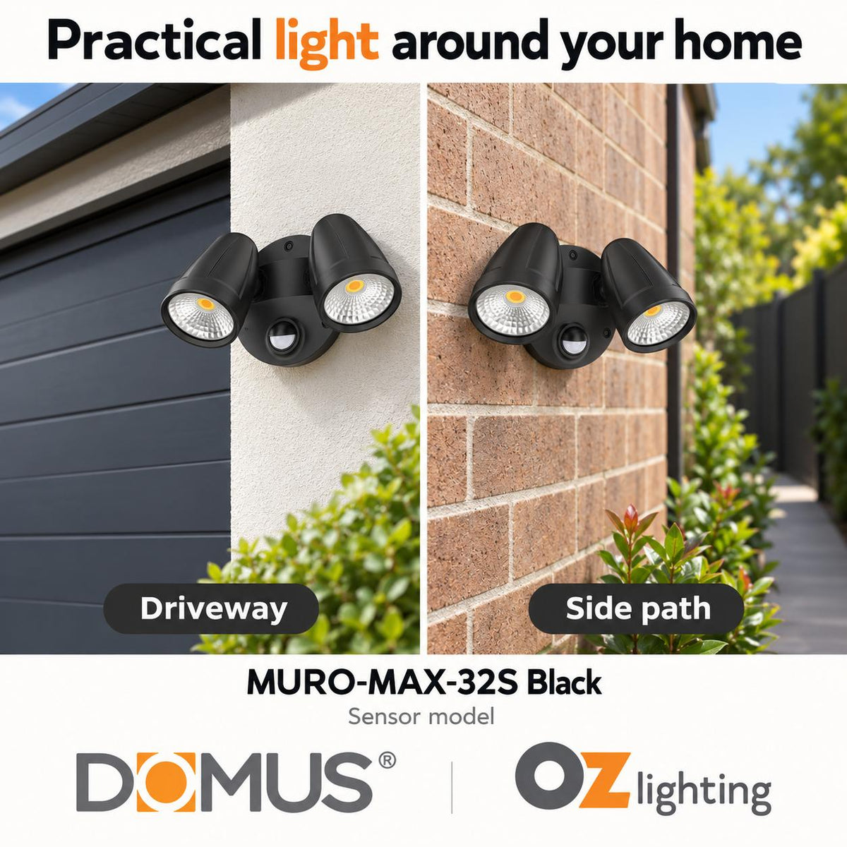 Domus MURO-MAX-32S LED Spotlight - 32W, Tri-Colour, IP65, Twin Head, Sensor-Domus Lighting-Ozlighting.com.au