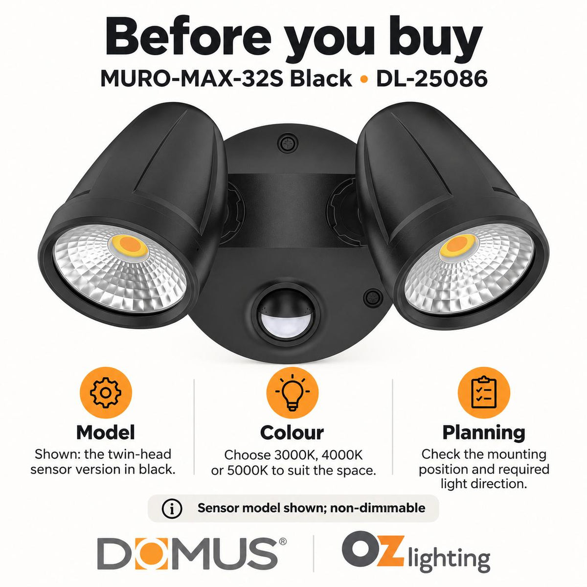 Domus MURO-MAX-32S LED Spotlight - 32W, Tri-Colour, IP65, Twin Head, Sensor-Domus Lighting-Ozlighting.com.au