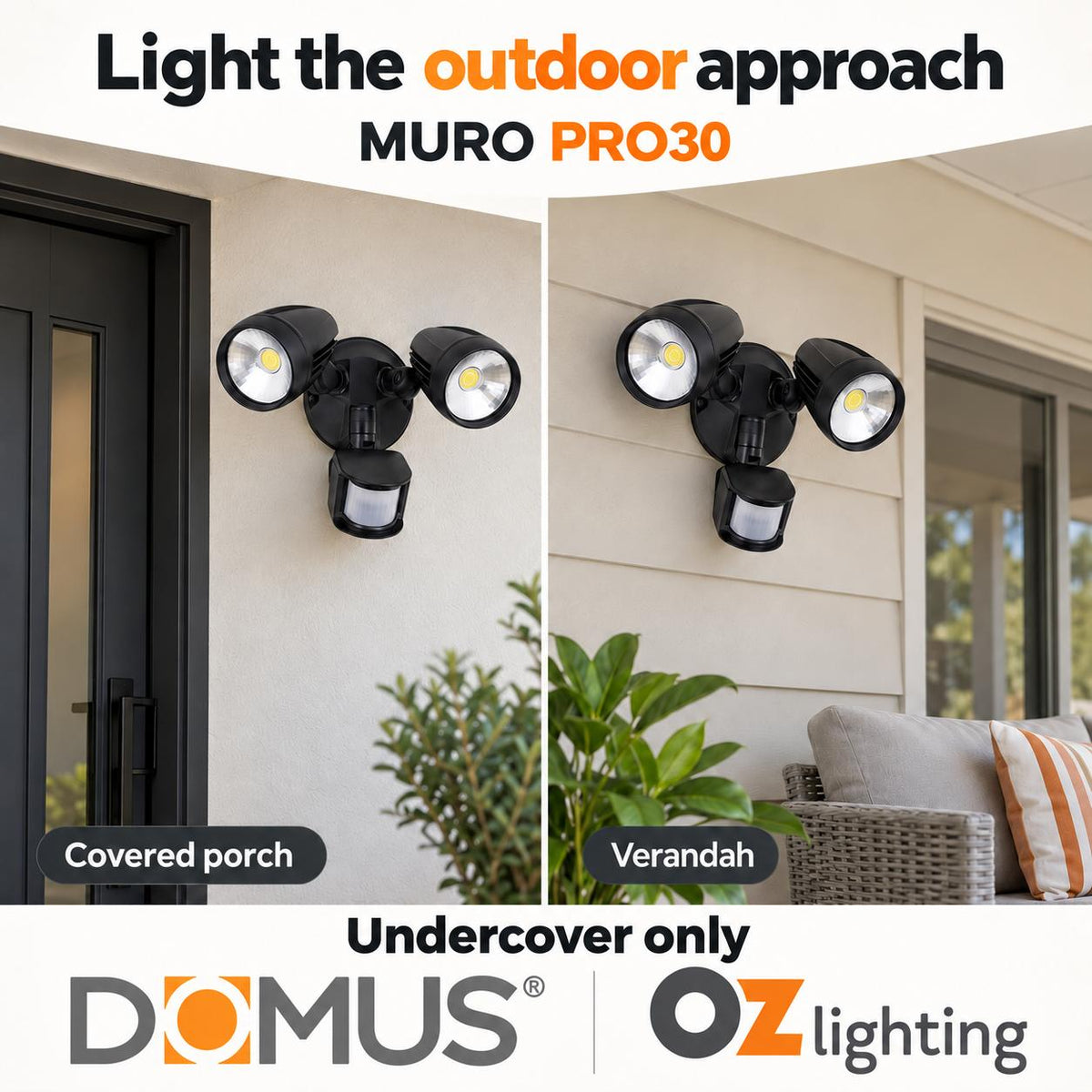 Domus MURO-PRO-30S LED Spotlight - 30W, Tri-Colour, IP44, Twin Head, with Sensor-Domus Lighting-Ozlighting.com.au