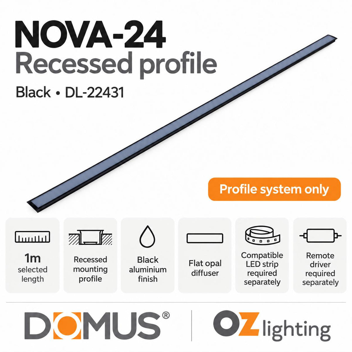 Domus Mounting Profile - NOVA-24-Recessed-Domus Lighting-Ozlighting.com.au