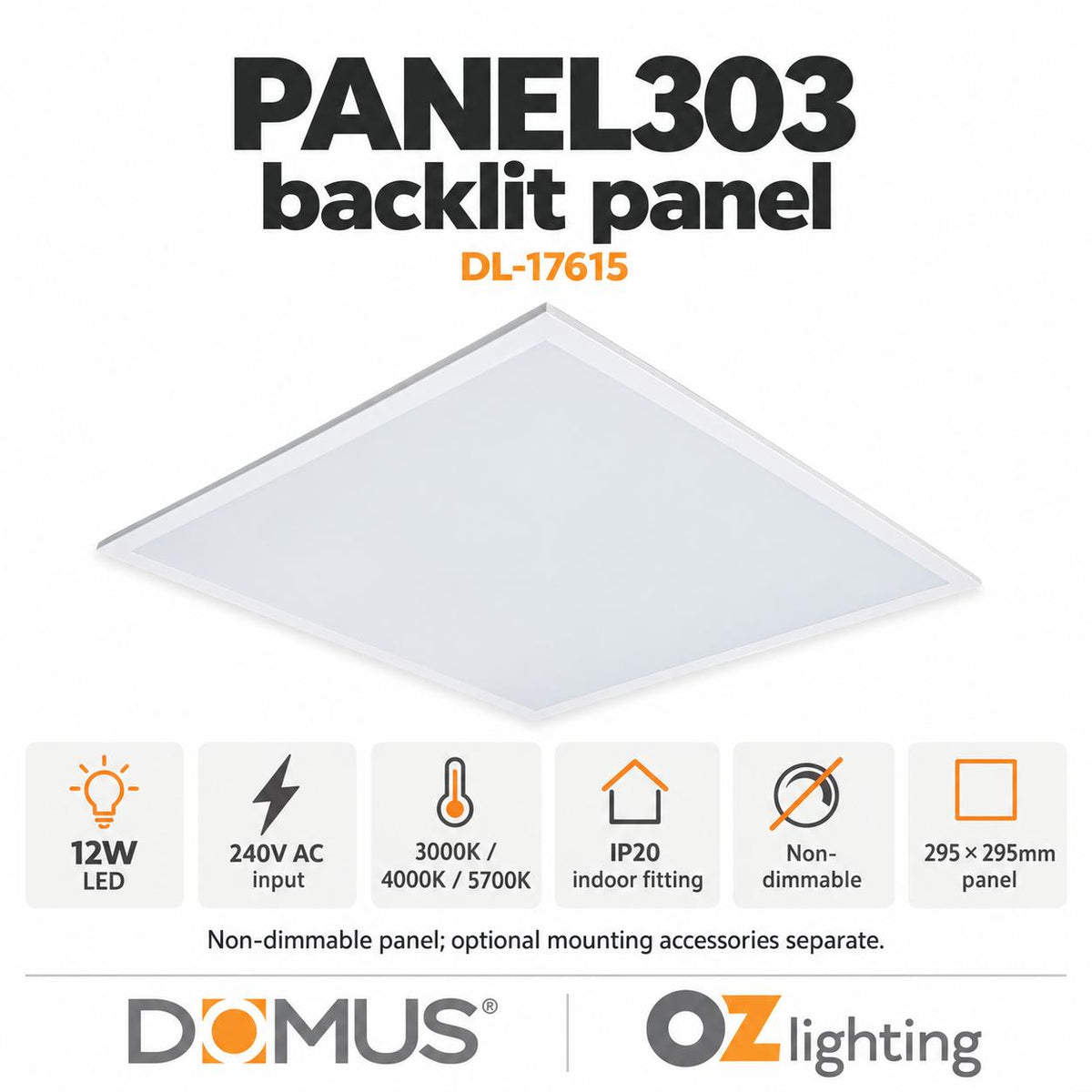 Domus PANEL-BLT-303 LED Panel Light - 12W, Tri-Colour, 300x300mm-Domus Lighting-Ozlighting.com.au