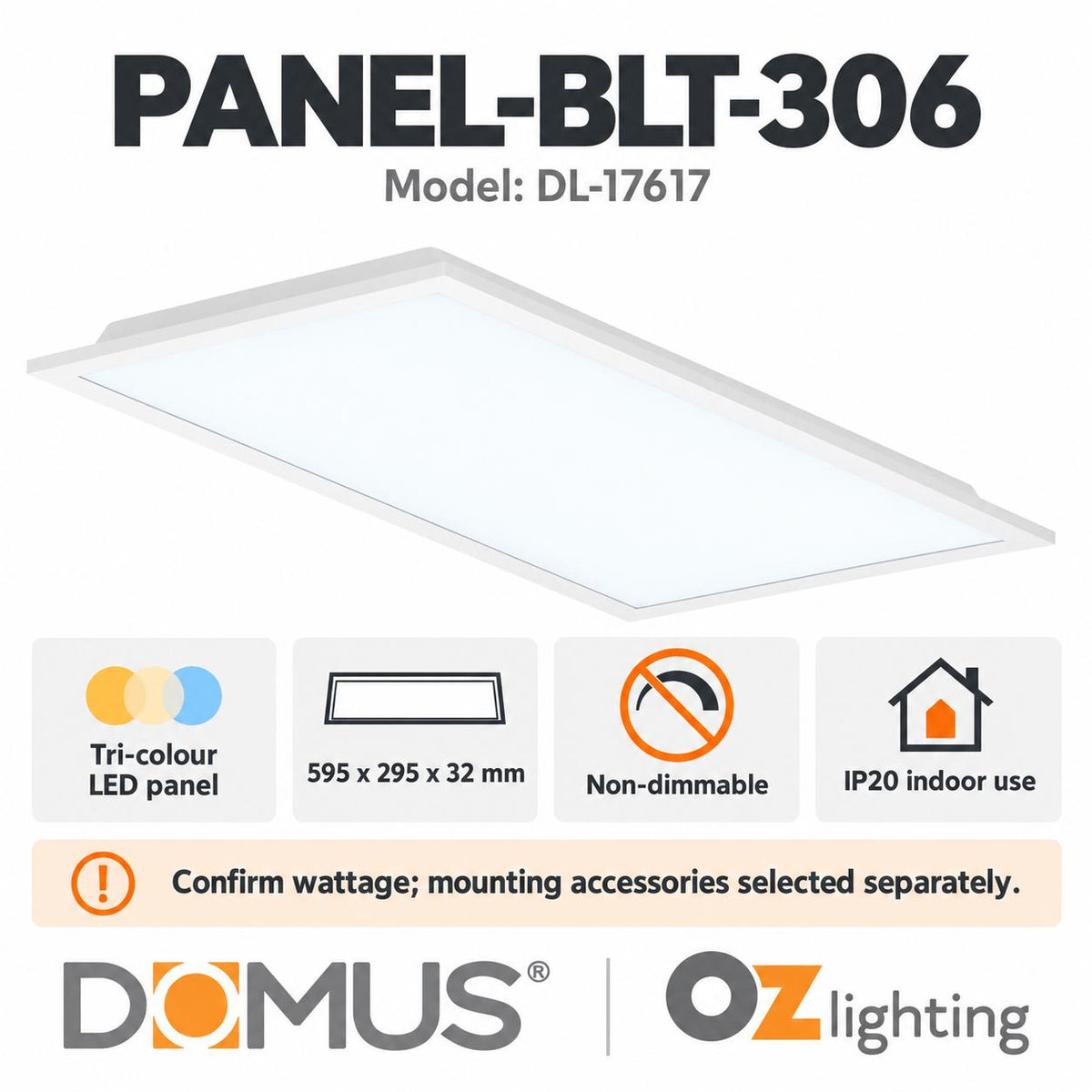 Domus PANEL-BLT-306 LED Panel Light - Tri-Colour, 300x600mm-Domus Lighting-Ozlighting.com.au