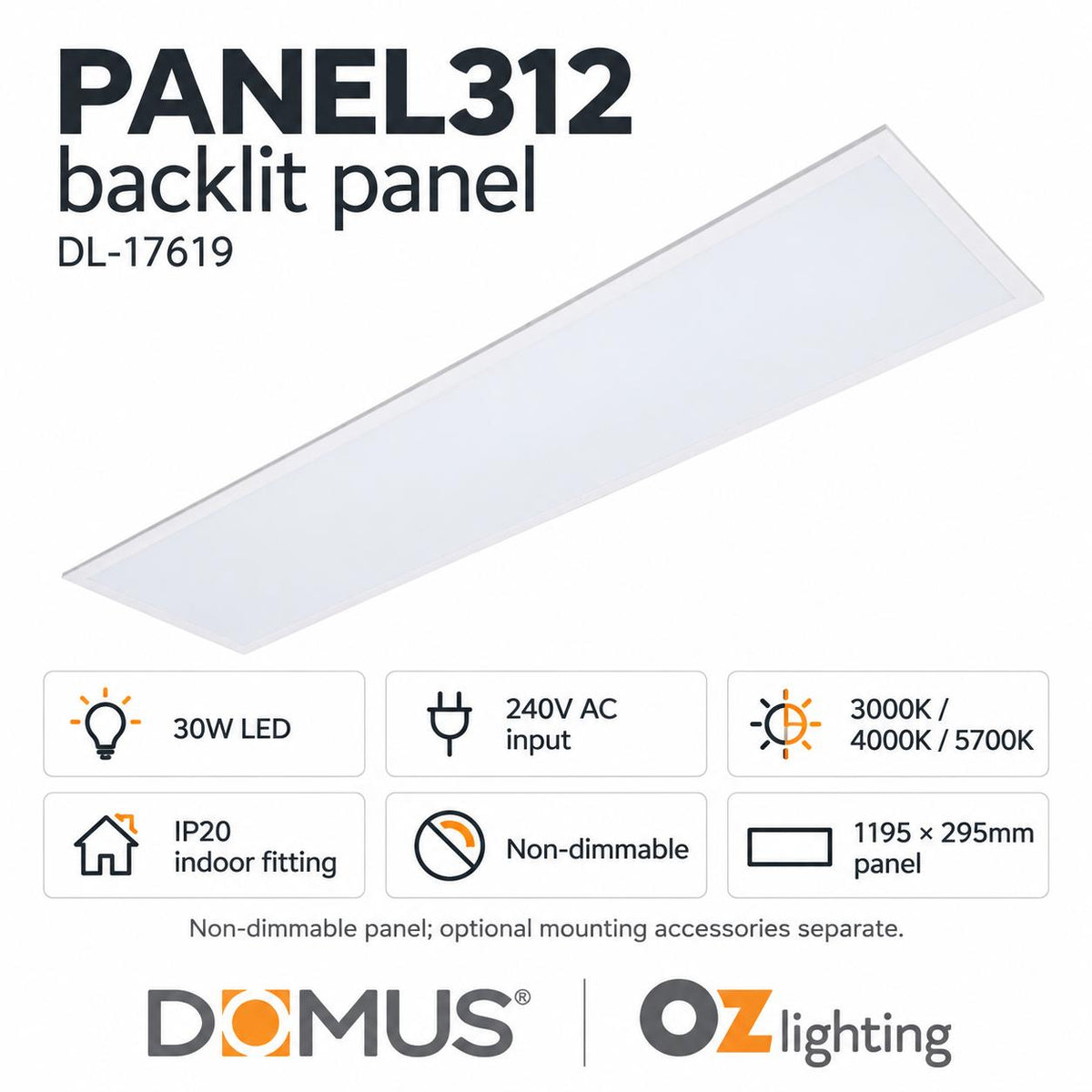 Domus PANEL-BLT-312 LED Panel Light - 30W, Tri-Colour, 1200x300mm-Domus Lighting-Ozlighting.com.au