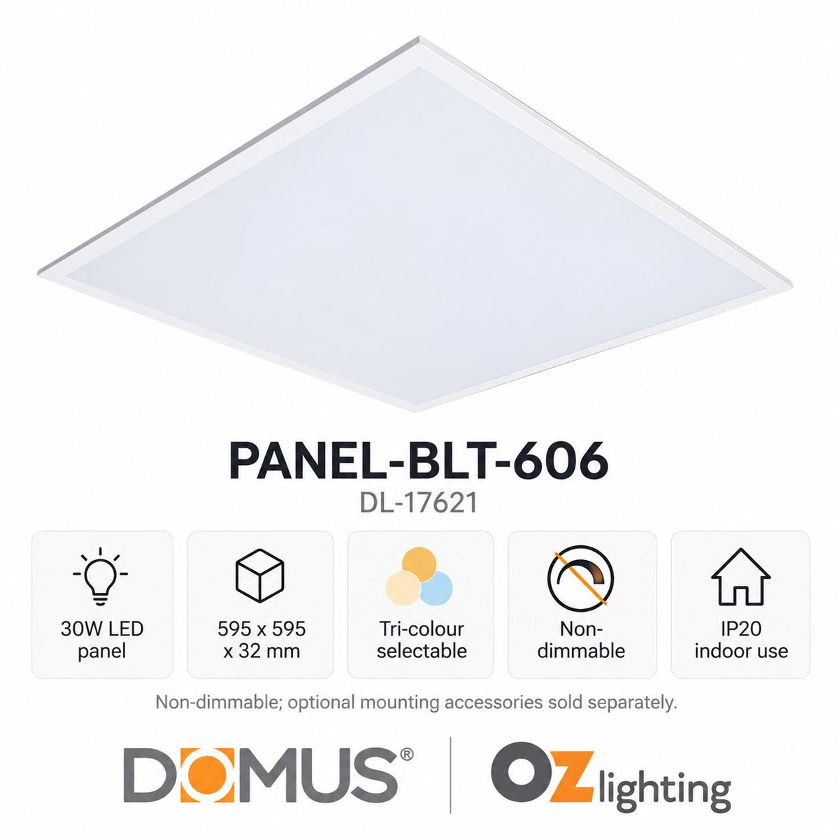 Domus PANEL-BLT-606 LED Panel Light - 30W, Tri-Colour, 600x600mm-Domus Lighting-Ozlighting.com.au