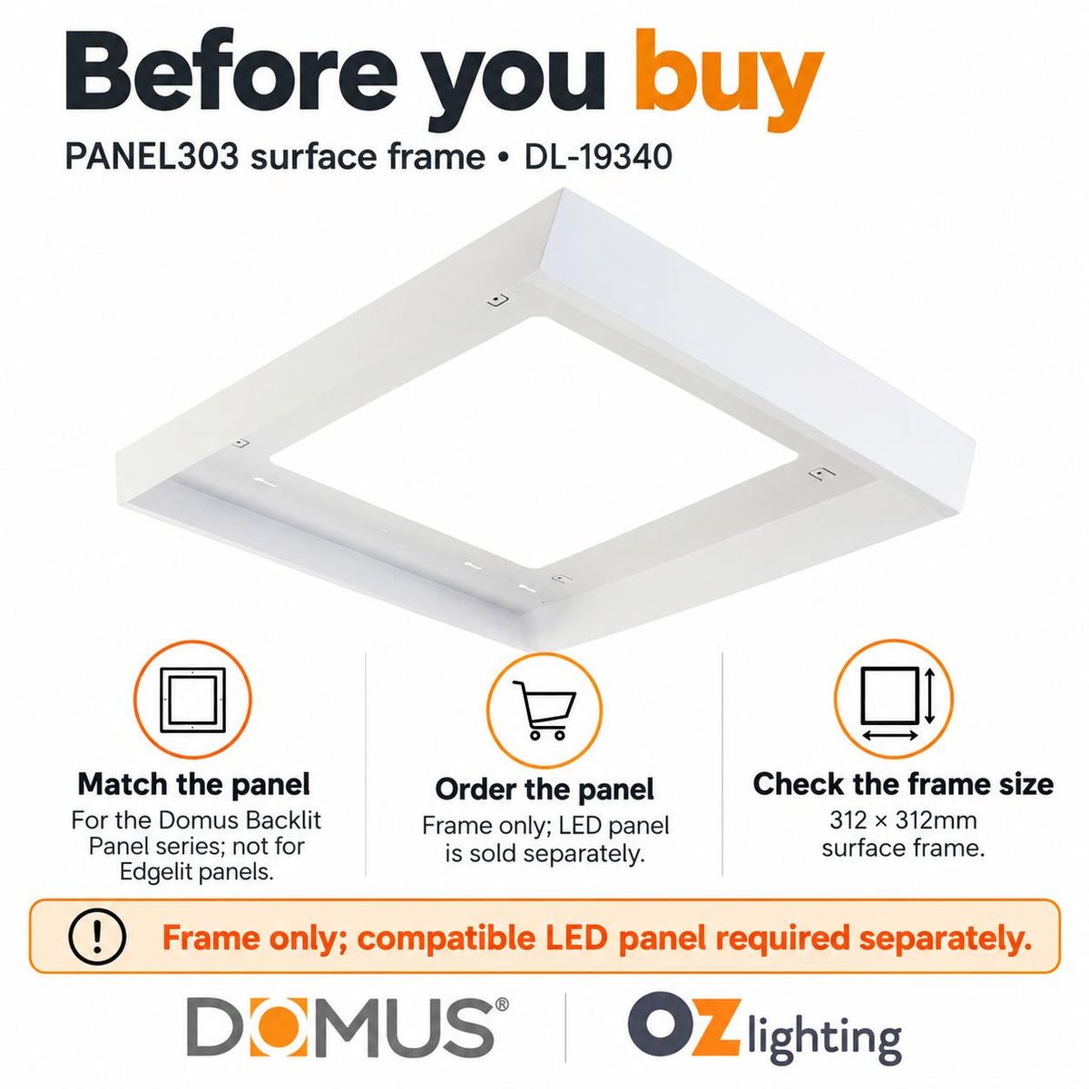 Domus PANEL-SM-KIT-303-BLT Panel Frame - 312x312mm Surface Mounted-Domus Lighting-Ozlighting.com.au