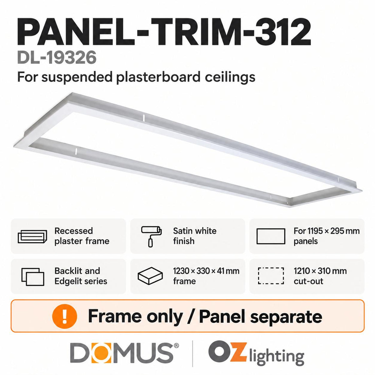 Domus PANEL-TRIM-312 LED Panel Light - Recessed, 1230x330mm, White-Domus Lighting-Ozlighting.com.au