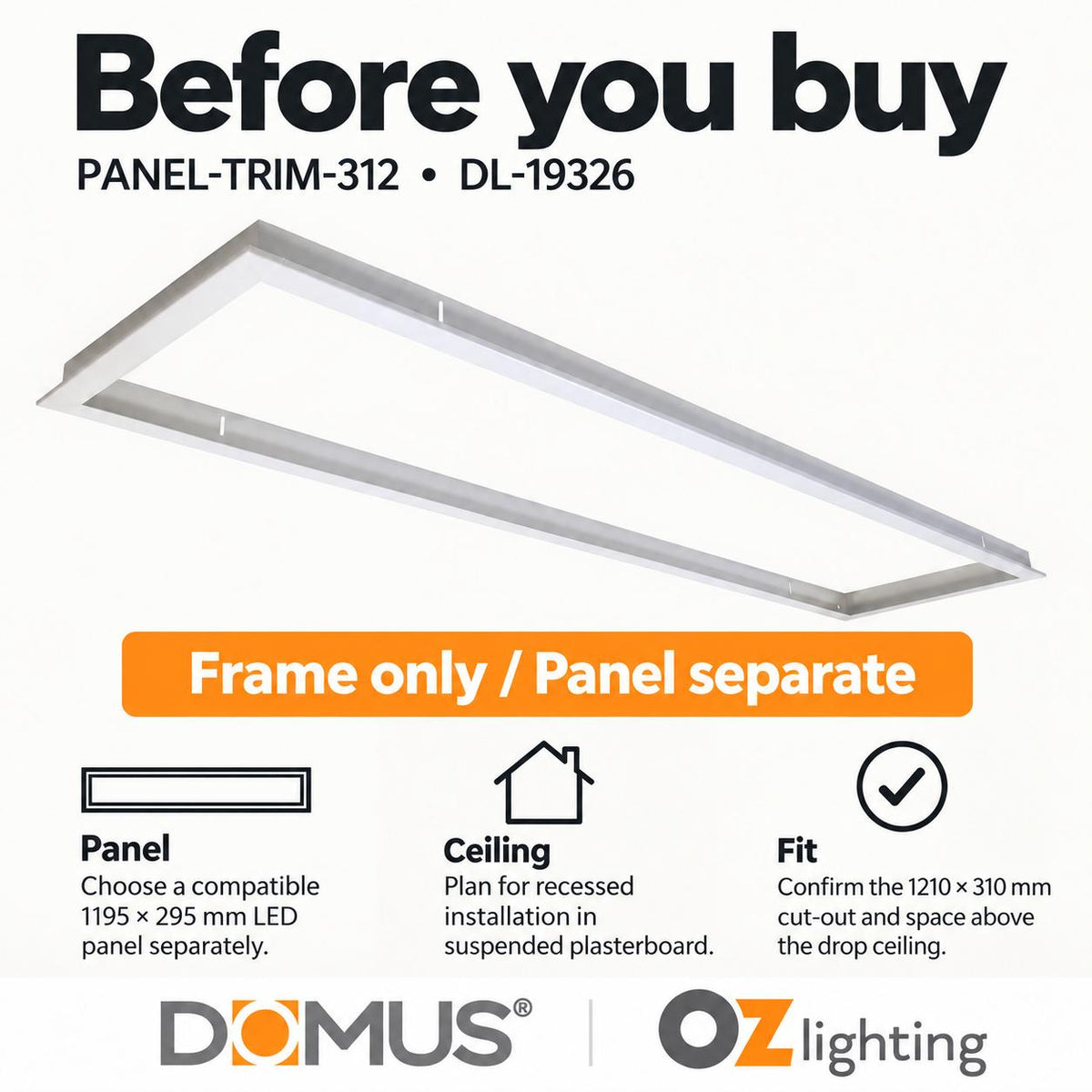 Domus PANEL-TRIM-312 LED Panel Light - Recessed, 1230x330mm, White-Domus Lighting-Ozlighting.com.au