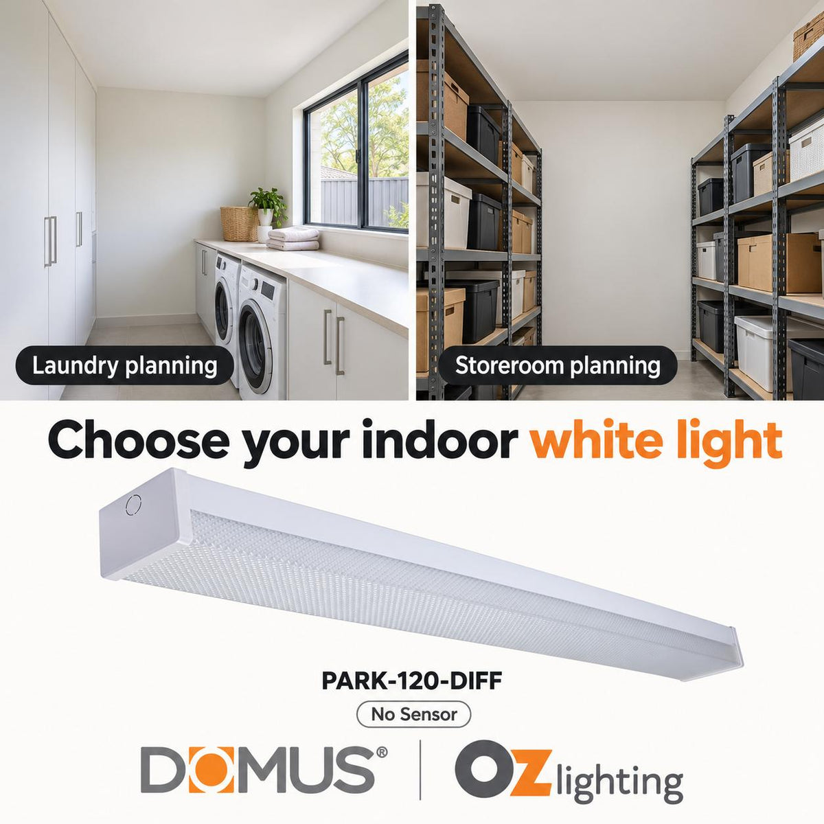 Domus PARK-120-DIFF LED Batten Light - 15W/30W, 1200mm, Tri-Colour, Diffused, Optional Sensor-Domus Lighting-Ozlighting.com.au