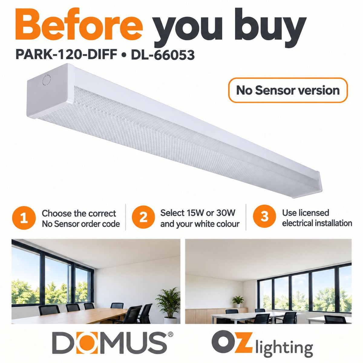 Domus PARK-120-DIFF LED Batten Light - 15W/30W, 1200mm, Tri-Colour, Diffused, Optional Sensor-Domus Lighting-Ozlighting.com.au