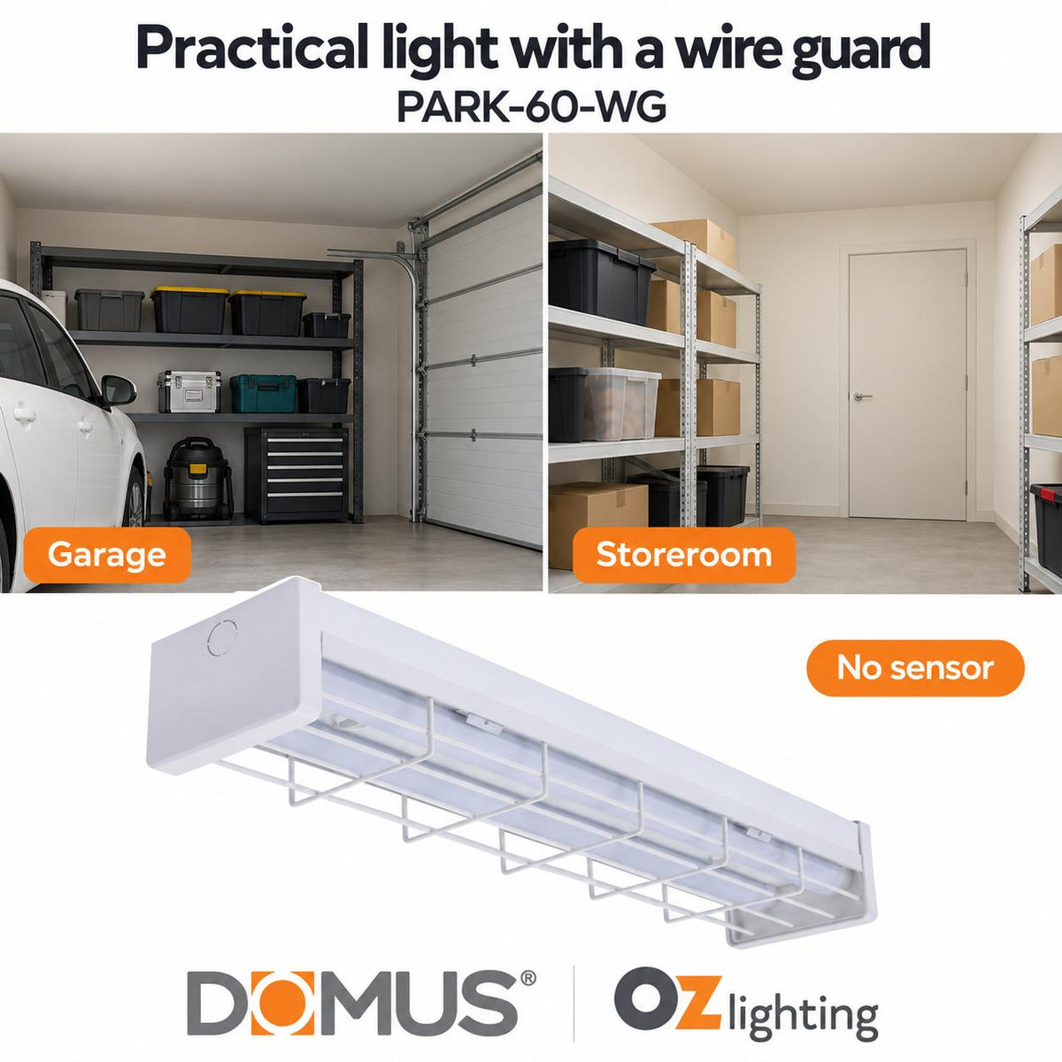 Domus PARK-60-WG 7.5W/15W LED Wide Body Wire Guard Batten - Tri-Colour, 600mm, with Optional Sensor-Domus Lighting-Ozlighting.com.au