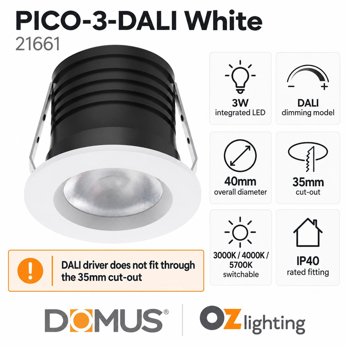 Domus PICO-3-DALI LED Downlight - 3W, Tri-Colour, DALI Dimmable, IP40, Round, Fixed-Domus Lighting-Ozlighting.com.au