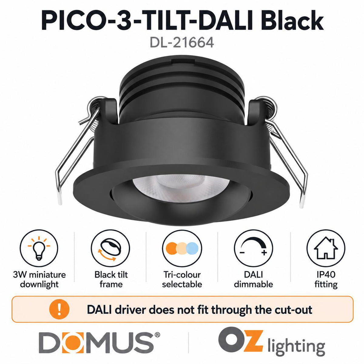 Domus PICO-3-TILT-DALI LED Downlight - 3W, Tri-Colour, DALI Dimmable, IP40, Round-Domus Lighting-Ozlighting.com.au