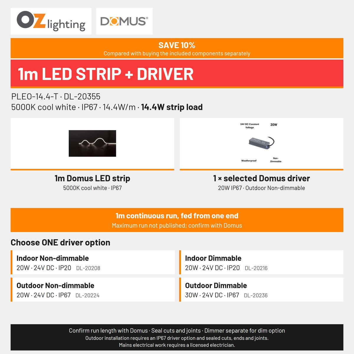 Domus PLEO-14.4-T LED Strip & Driver Bundle - 5000K, IP67, 1m-Domus Lighting-Ozlighting.com.au
