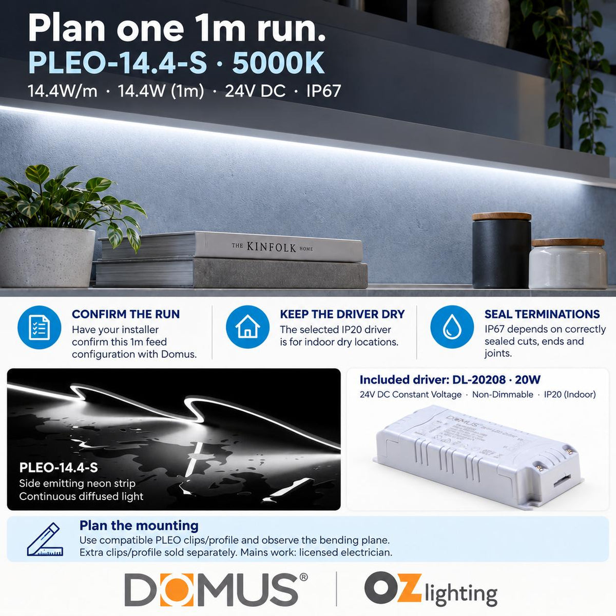 Domus PLEO 1 Metre 14.4W/m Cool White Outdoor Strip and Driver Bundle-Domus Lighting-Ozlighting.com.au