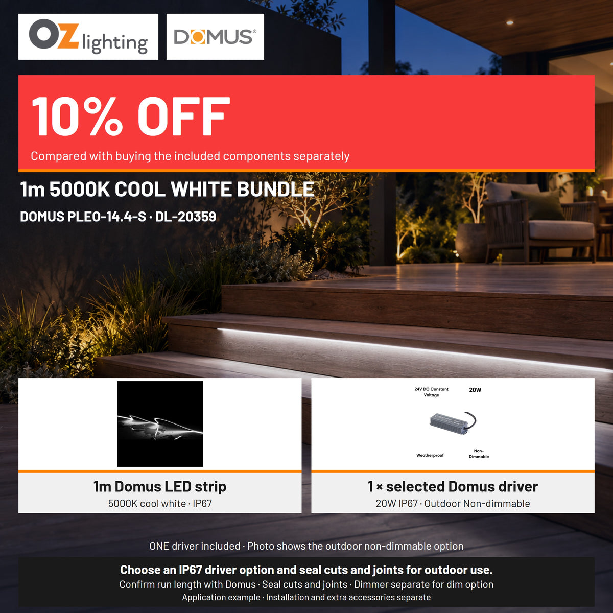 Domus PLEO 1 Metre 14.4W/m Cool White Outdoor Strip and Driver Bundle-Domus Lighting-Ozlighting.com.au