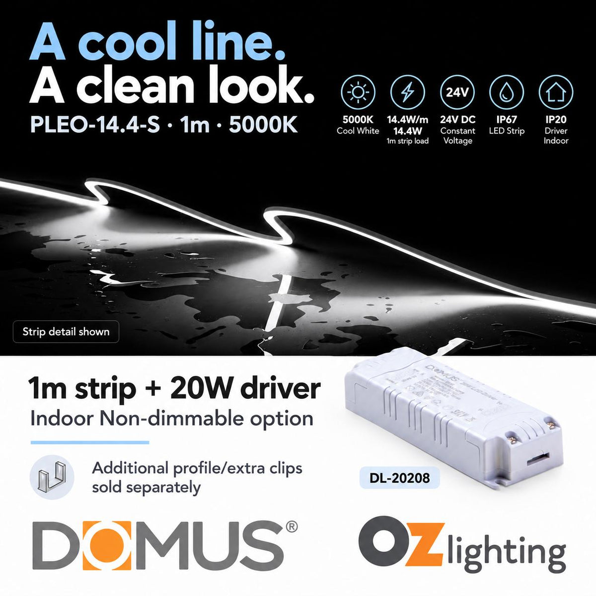 Domus PLEO 1 Metre 14.4W/m Cool White Outdoor Strip and Driver Bundle-Domus Lighting-Ozlighting.com.au