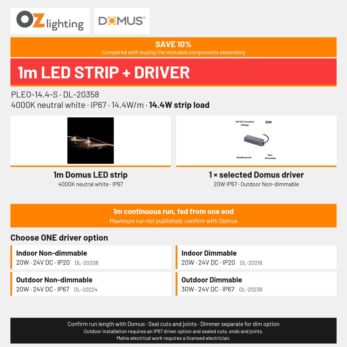 Domus PLEO-14.4-S LED Strip & Driver Bundle - 4000K, IP67, 1m-Domus Lighting-Ozlighting.com.au