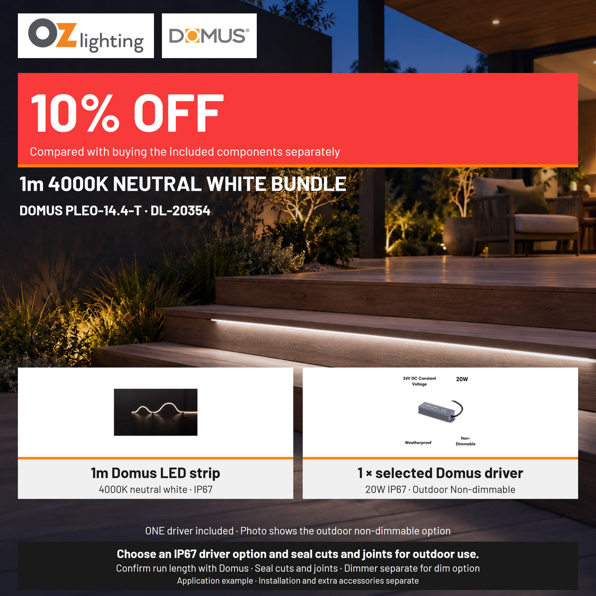 Domus PLEO 1 Metre 14.4W/m Neutral White Outdoor Strip and Driver Bundle-Domus Lighting-Ozlighting.com.au