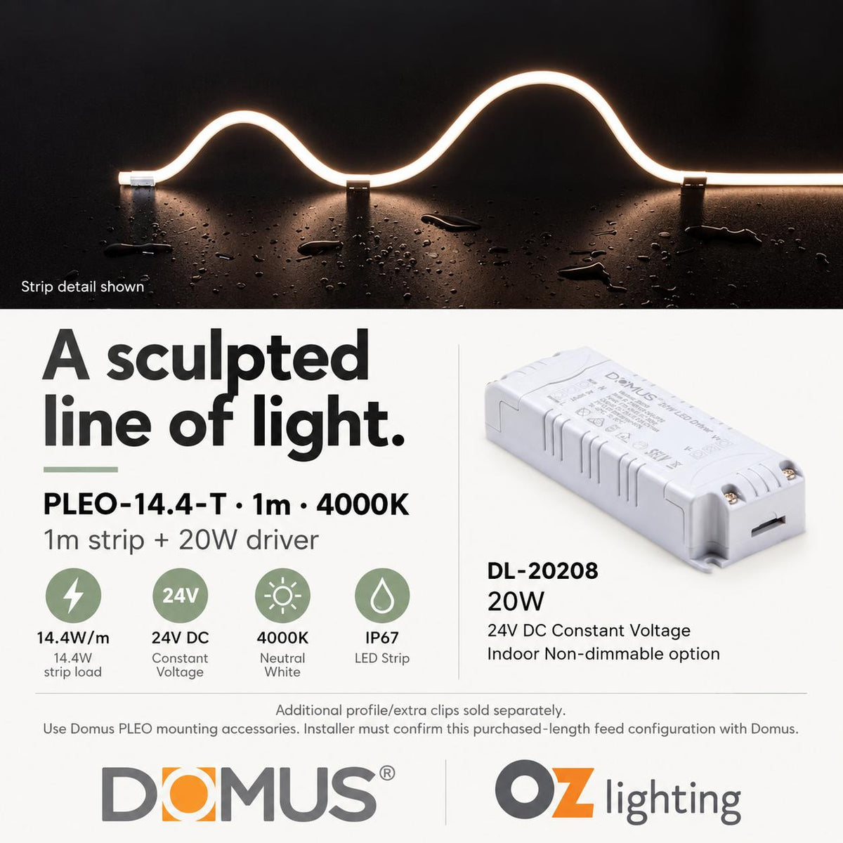 Domus PLEO 1 Metre 14.4W/m Neutral White Outdoor Strip and Driver Bundle-Domus Lighting-Ozlighting.com.au
