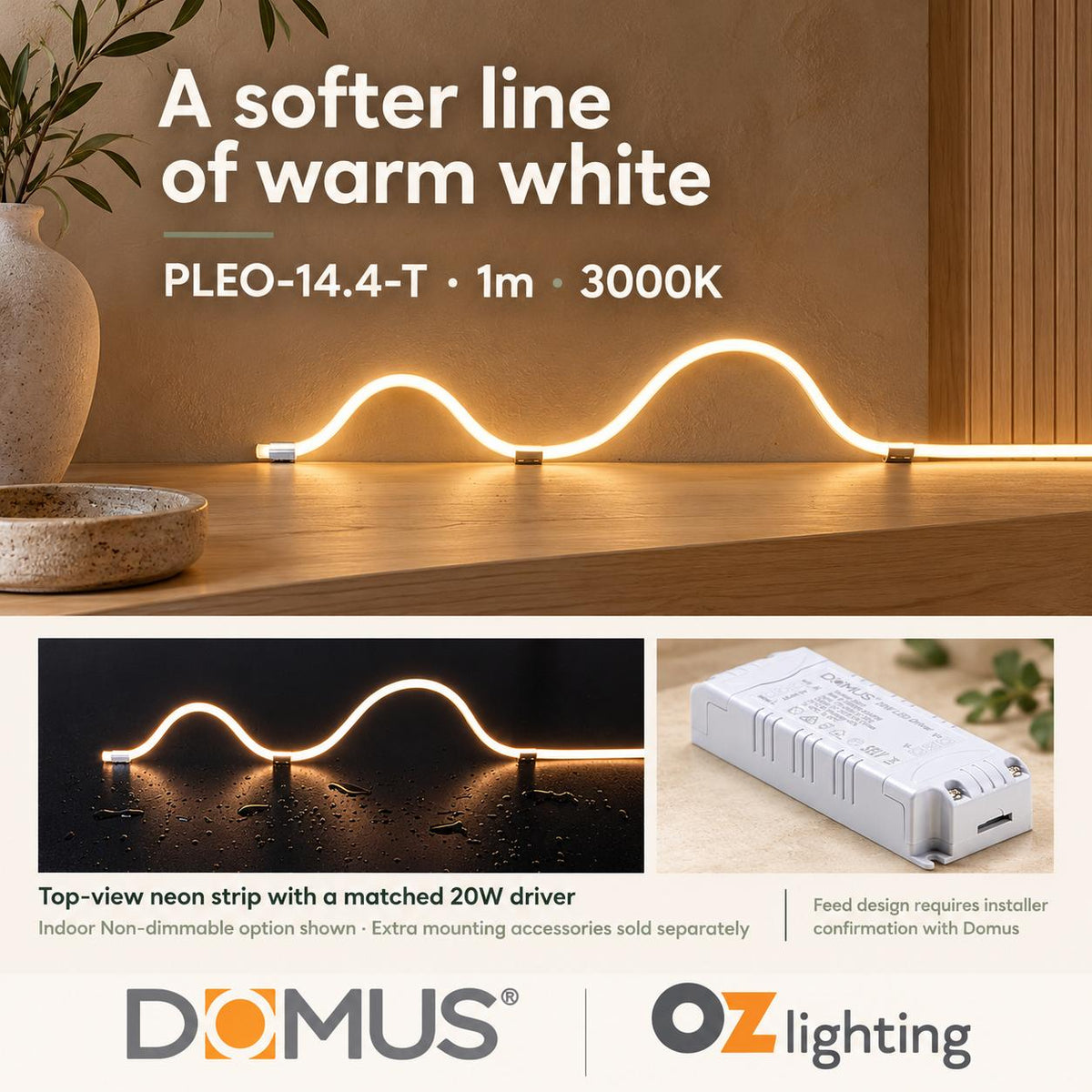 Domus PLEO 1 Metre 14.4W/m Warm White Outdoor Strip and Driver Bundle-Domus Lighting-Ozlighting.com.au