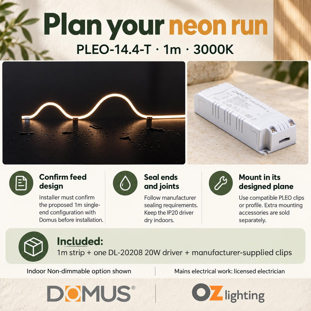 Domus PLEO 1 Metre 14.4W/m Warm White Outdoor Strip and Driver Bundle-Domus Lighting-Ozlighting.com.au
