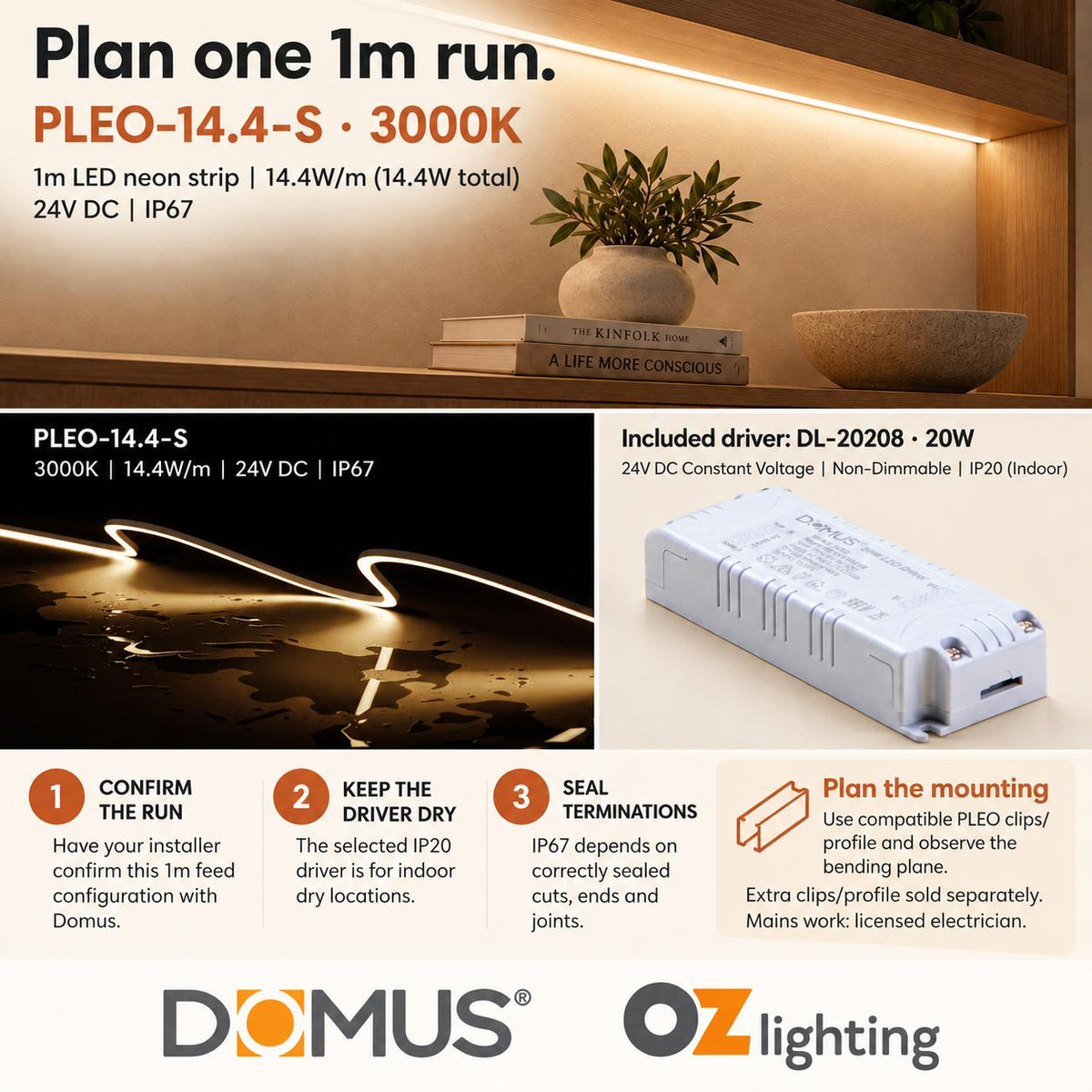 Domus PLEO 1 Metre 14.4W/m Warm White Outdoor Strip and Driver Bundle-Domus Lighting-Ozlighting.com.au