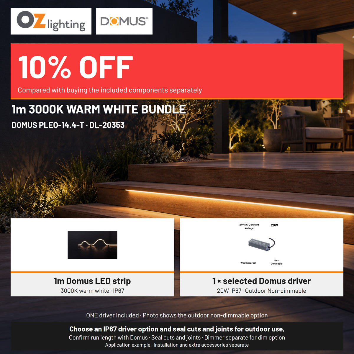 Domus PLEO-14.4-T LED Strip & Driver Bundle - 3000K, IP67, 1m-Domus Lighting-Ozlighting.com.au