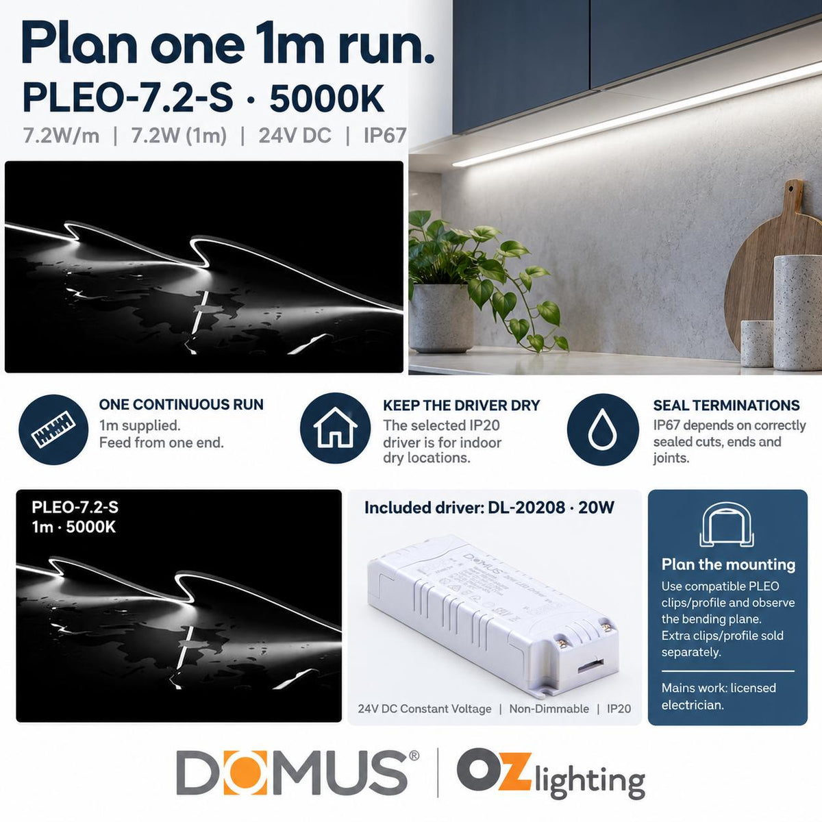 Domus PLEO 1 Metre 7.2W/m Cool White Outdoor Strip and Driver Bundle-Domus Lighting-Ozlighting.com.au