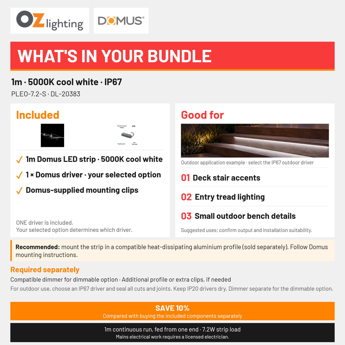 Domus PLEO 1 Metre 7.2W/m Cool White Outdoor Strip and Driver Bundle-Domus Lighting-Ozlighting.com.au
