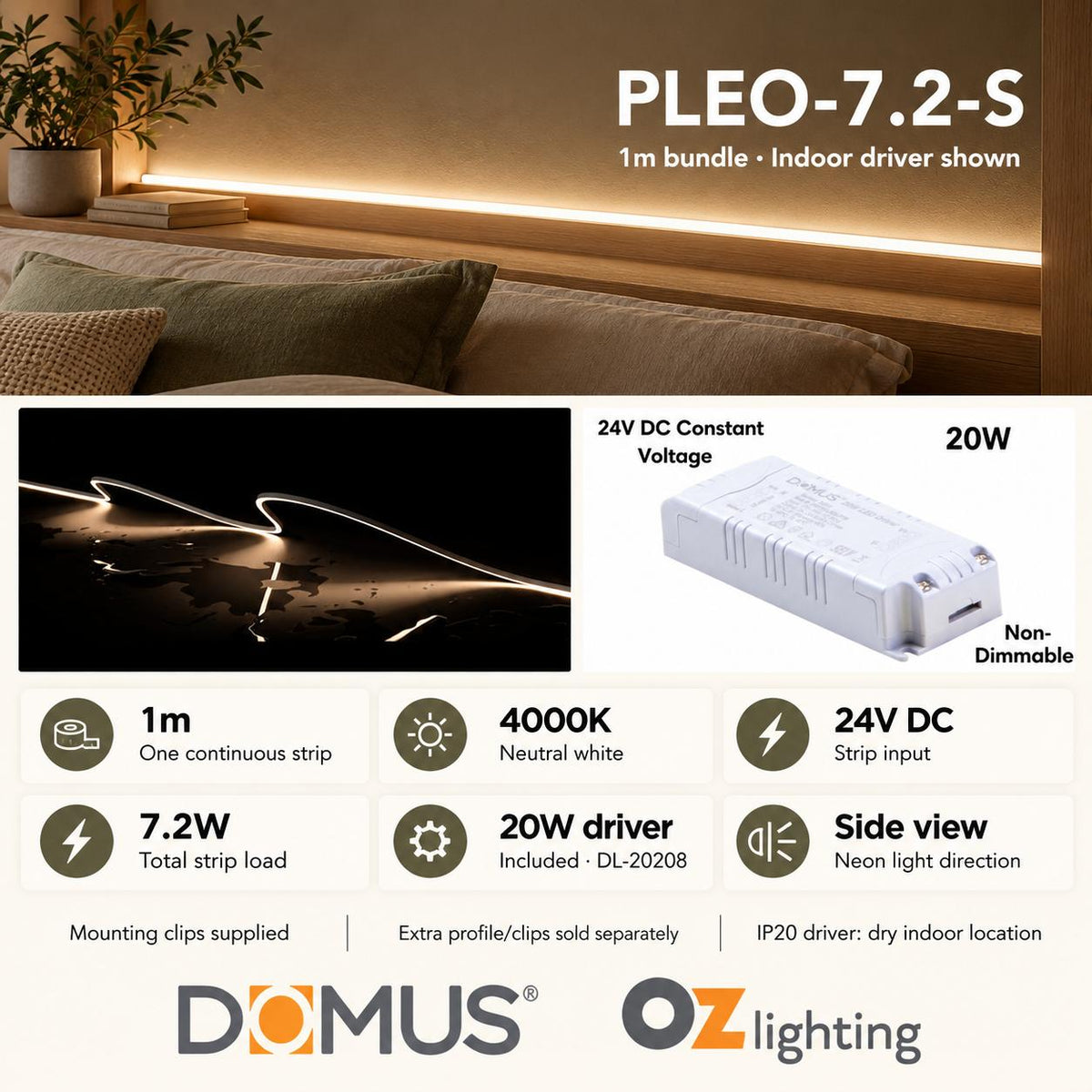 Domus PLEO 1 Metre 7.2W/m Neutral White Outdoor Strip and Driver Bundle-Domus Lighting-Ozlighting.com.au
