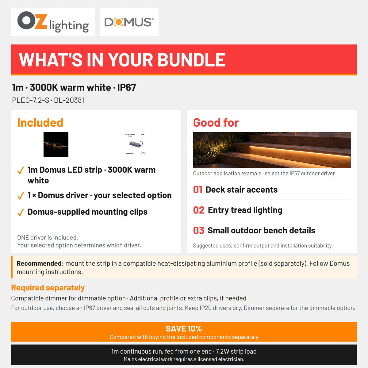 Domus PLEO 1 Metre 7.2W/m Warm White Outdoor Strip and Driver Bundle-Domus Lighting-Ozlighting.com.au