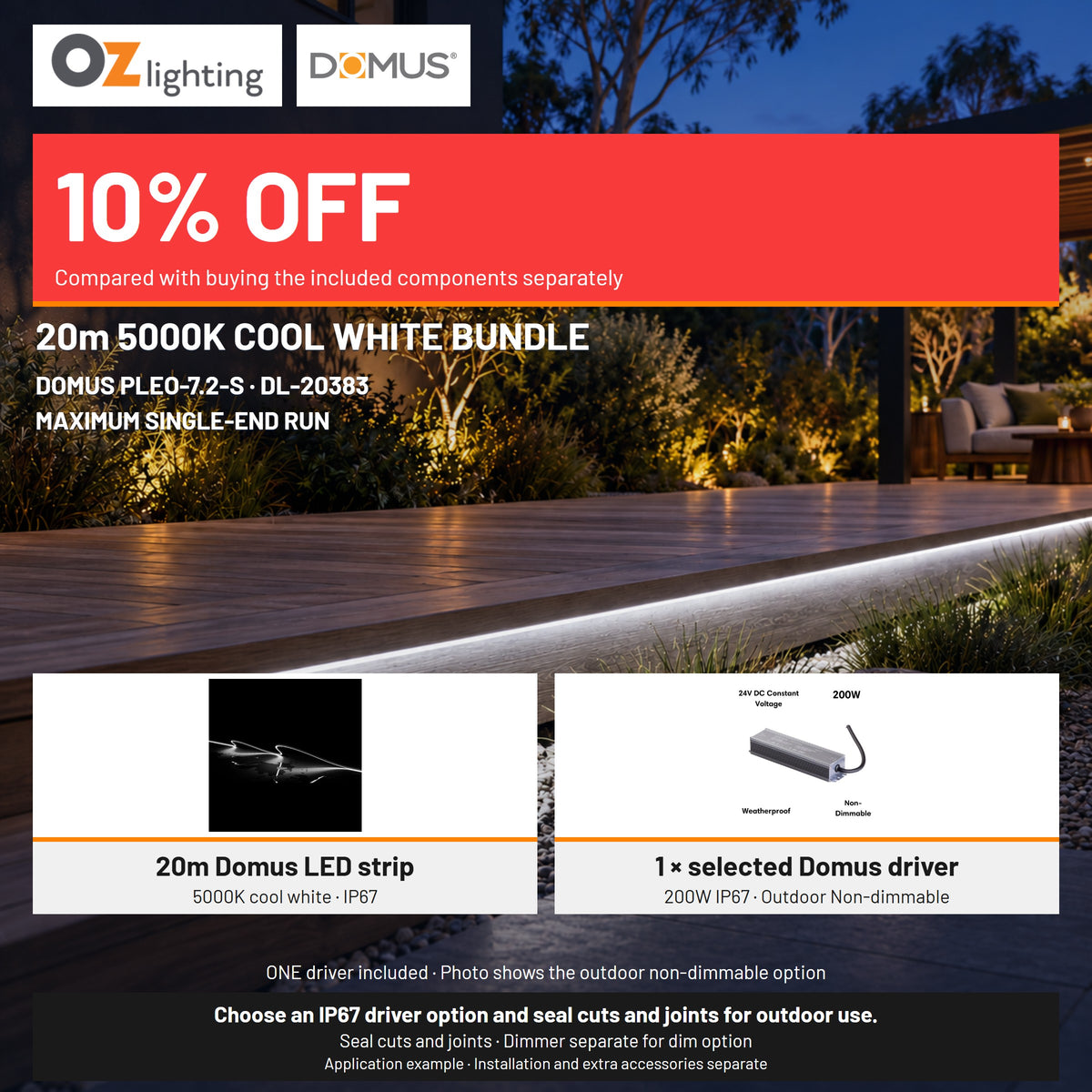 Domus PLEO 20 Metre 7.2W/m Cool White Outdoor Strip and Driver Bundle-Domus Lighting-Ozlighting.com.au