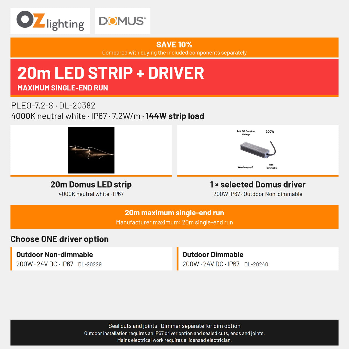 Domus PLEO-7.2-S LED Strip & Driver Bundle - 4000K, IP67, 20m-Domus Lighting-Ozlighting.com.au