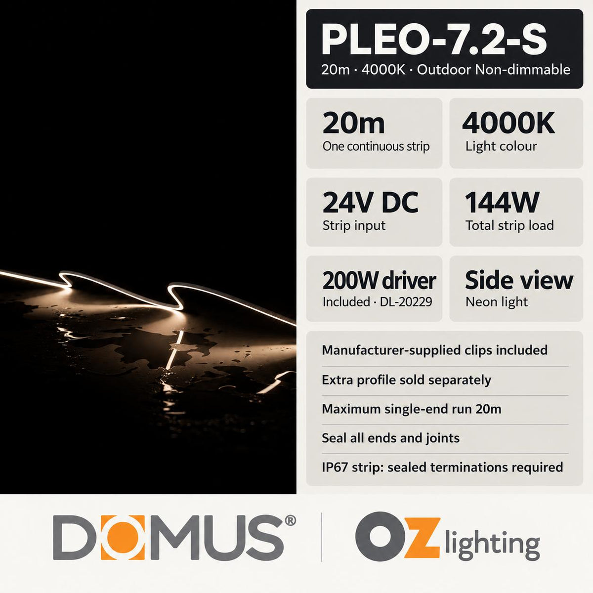 Domus PLEO 20 Metre 7.2W/m Neutral White Outdoor Strip and Driver Bundle-Domus Lighting-Ozlighting.com.au