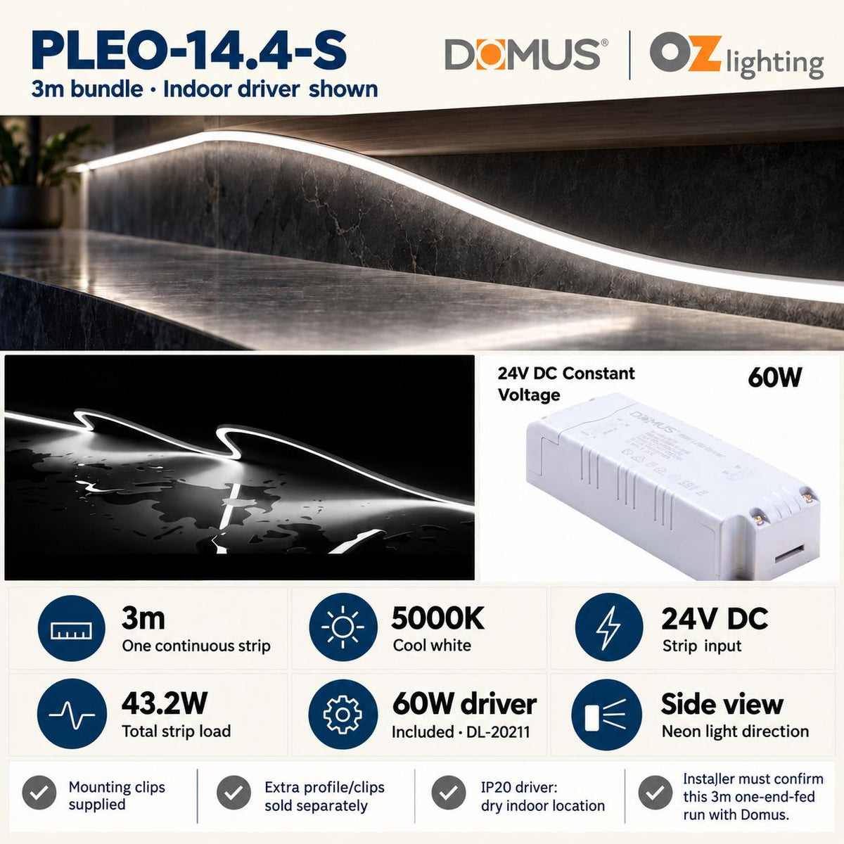 Domus PLEO 3 Metre 14.4W/m Cool White Outdoor Strip and Driver Bundle-Domus Lighting-Ozlighting.com.au