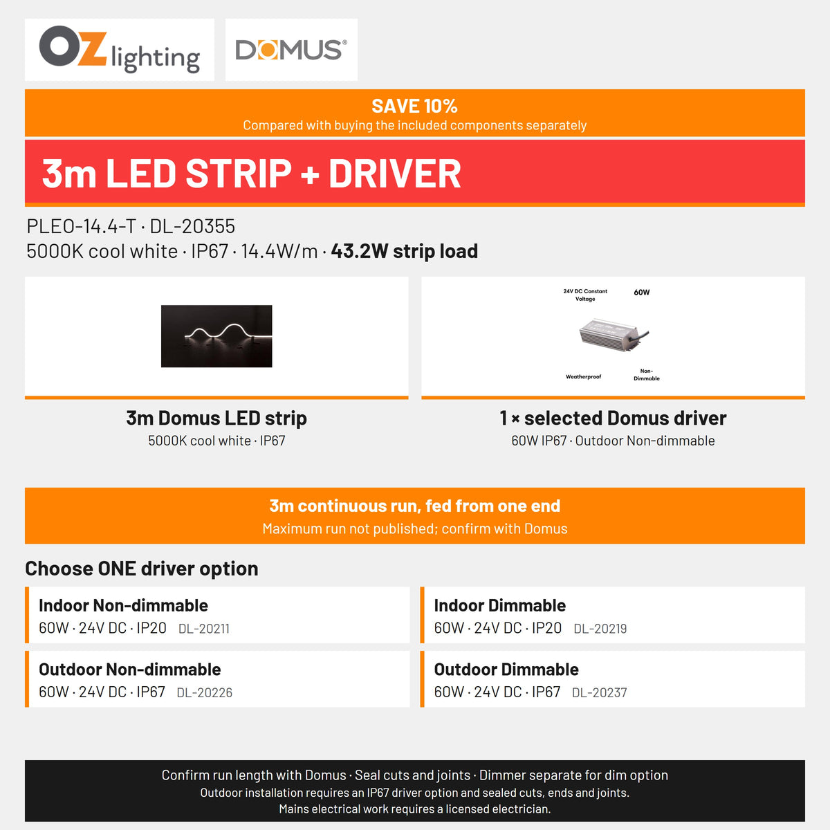 Domus PLEO-14.4-T LED Strip & Driver Bundle - 5000K, IP67, 3m-Domus Lighting-Ozlighting.com.au