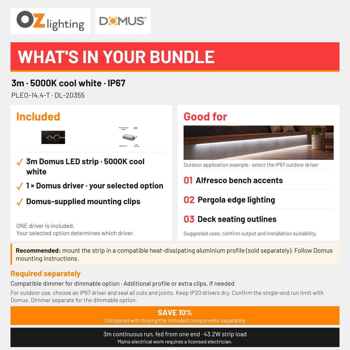Domus PLEO 3 Metre 14.4W/m Cool White Outdoor Strip and Driver Bundle-Domus Lighting-Ozlighting.com.au
