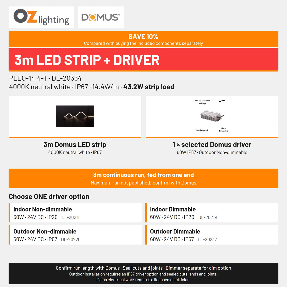 Domus PLEO 3 Metre 14.4W/m Neutral White Outdoor Strip and Driver Bundle-Domus Lighting-Ozlighting.com.au