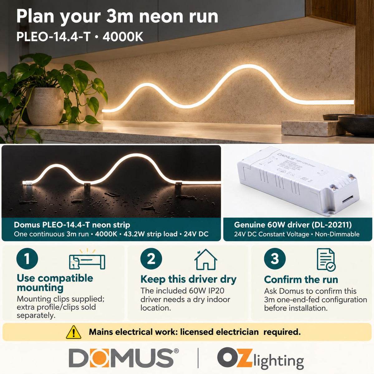 Domus PLEO 3 Metre 14.4W/m Neutral White Outdoor Strip and Driver Bundle-Domus Lighting-Ozlighting.com.au